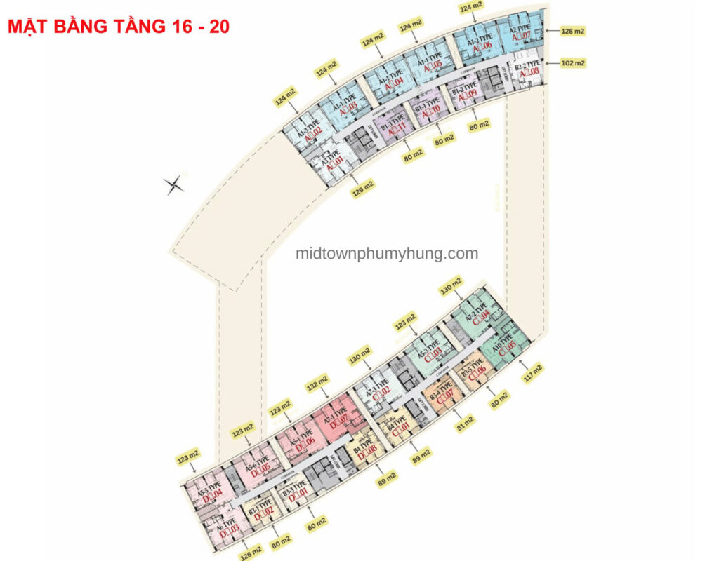 Mặt bằng Midtown M8A Tầng 16 Đến 20